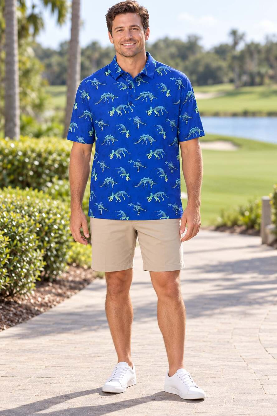 Birdie Bound Dinosaur Fossil Print Golf Polo Size L Blue
